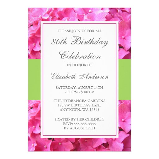 Pink Hydrangea Border Green 80th Birthday Party Invitation (front side)