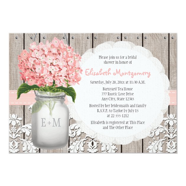 Pink Hydrangea Monogrammed Mason Jar Bridal Shower 5x7 Paper Invitation Card (front side)