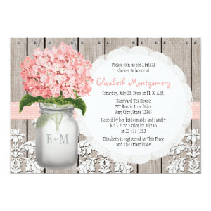 Pink Hydrangea Monogrammed Mason Jar Bridal Shower 5x7 Paper Invitation Card