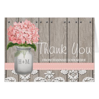 Pink Hydrangea Monogrammed Mason Jar THANK YOU Card