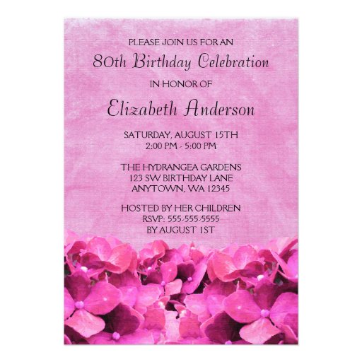 Pink Hydrangeas 80th Birthday Party Invitations (front side)