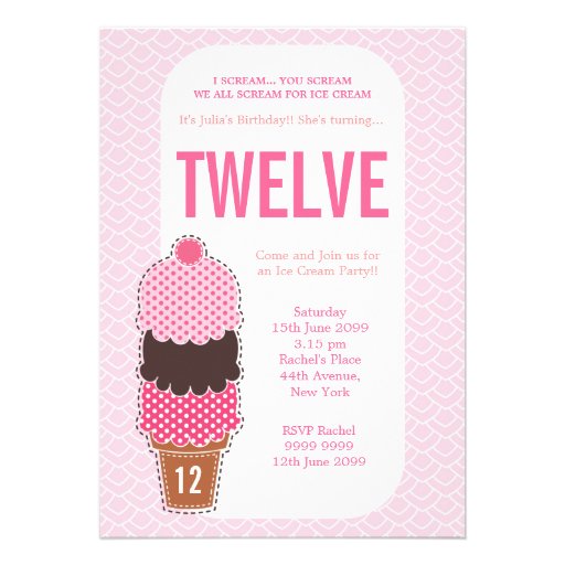 Pink Ice Cream Party Girls Birthday Invite