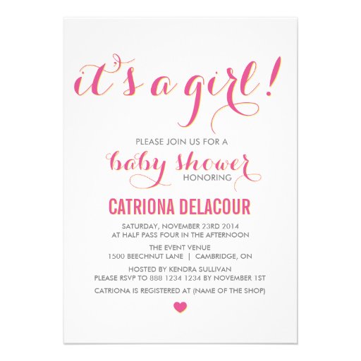 Pink It's a Girl Typography Baby Shower Invitation