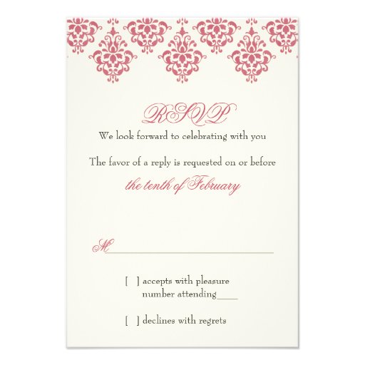 Pink Ivory Arabesque Damask Floral Wedding RSVP Custom Invitations