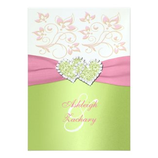 Pink Ivory Green Joined Hearts Monogram Invitation