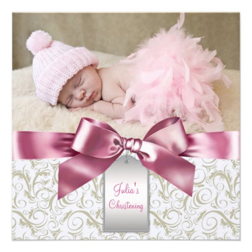 Pink Ivory Swirls Baby Girl Photo Christening Announcement