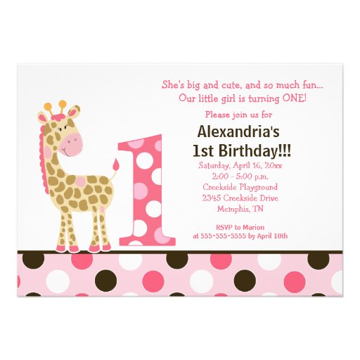 Pink Jungle Giraffe 1st Birthday Invitation 5x7