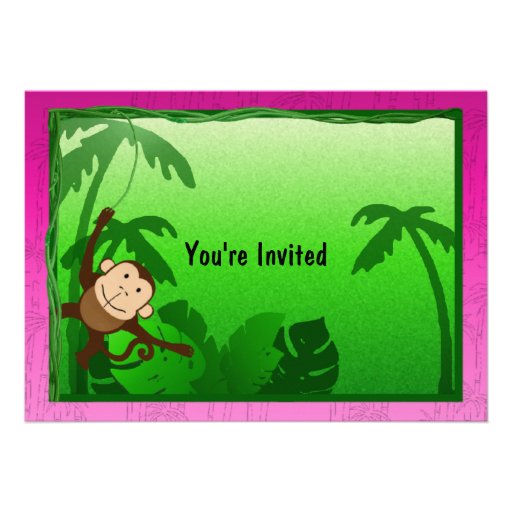 Pink Jungle Theme Kids Birthday Party Invite