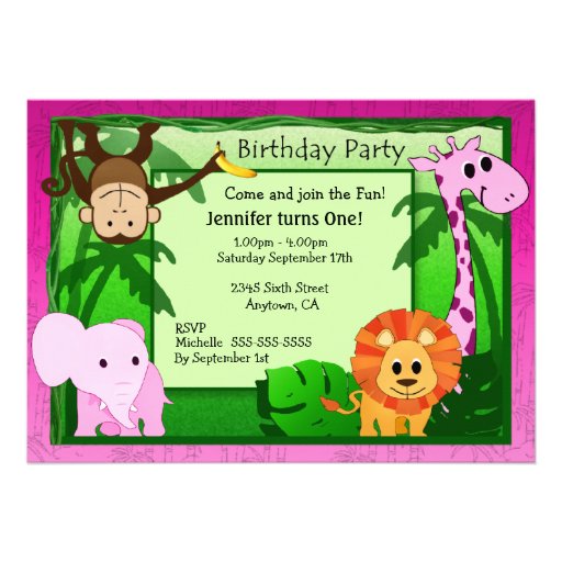 Pink Jungle Theme Kids Birthday Party Invite (front side)