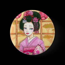 Pink Kimono Button, Maiko Geisha Art