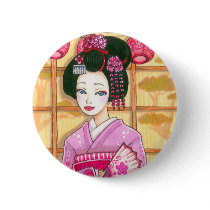 Pink Kimono Button, Maiko Geisha Art by artbyamandarobbins Pink Kimono Button, Maiko Geisha Art