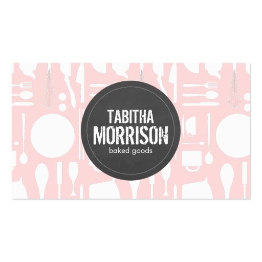 Pink Kitchen Collage with Rustic Gray Logo Bakery Business Cards (front side)