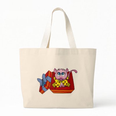 Pink kitten in a gift box canvas bags by jsoh