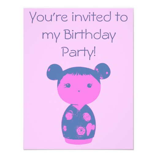 Pink Kokeshi Blue Birthday Party Invitation
