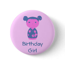 Pink Kokeshi Blue Button