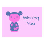Pink Kokeshi Blue Postcard