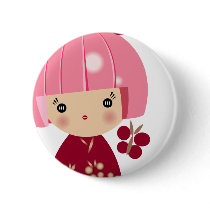 Pink Kokeshi Triplet Close Up Pin buttons