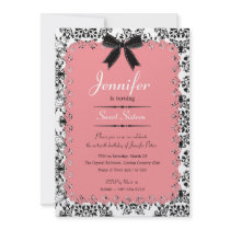 Pink Lace and Black & White Damask Sweet 16 5x7 Custom Invitation