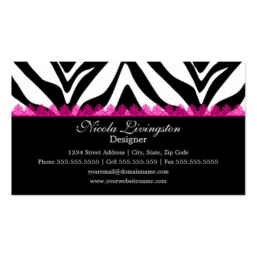 Pink Lace and Zebra Print Elegant Business Cards (back side)