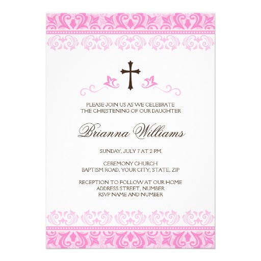 Pink lace damask girls baptism or christening custom invite