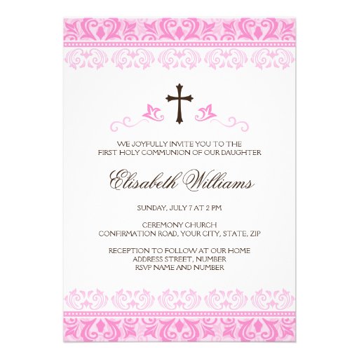 Pink lace girls first communion confirmation custom invite