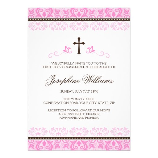 Pink lace girls first communion confirmation personalized invites
