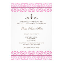 Pink lace girls first communion invitation