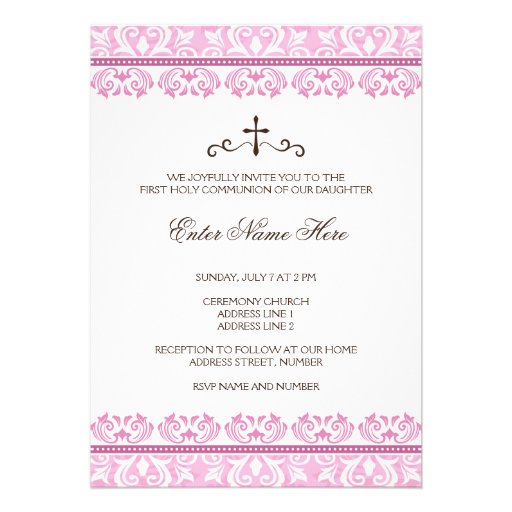Pink lace girls first communion invitation