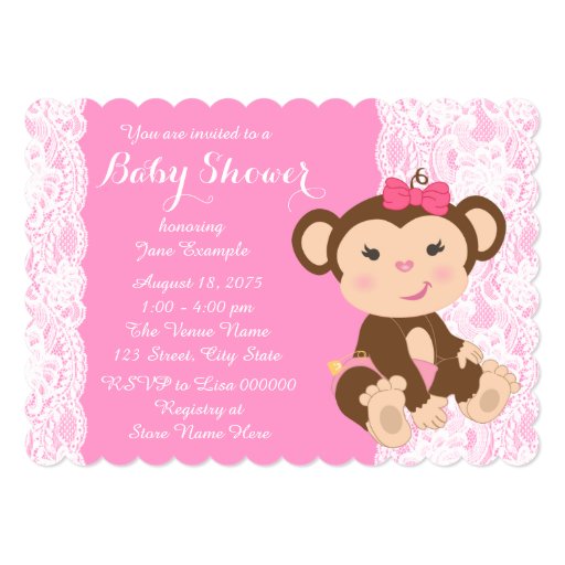 Pink Lace Monkey Baby Girl Shower Invitation