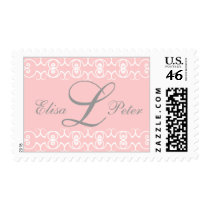 Pink Lace Monogram Names Wedding Postage Stamp