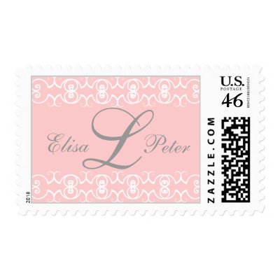 Pink Lace Monogram Names Wedding Postage Stamp