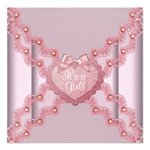 Pink Lace Pink Pearl Heart Pink Baby Girl Shower Announcement