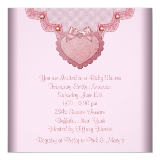 Pink Lace Pink Pearl Heart Pink Baby Girl Shower Announcement