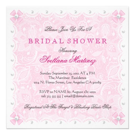 Pink Lace & White Pearls Bridal Shower  Invite