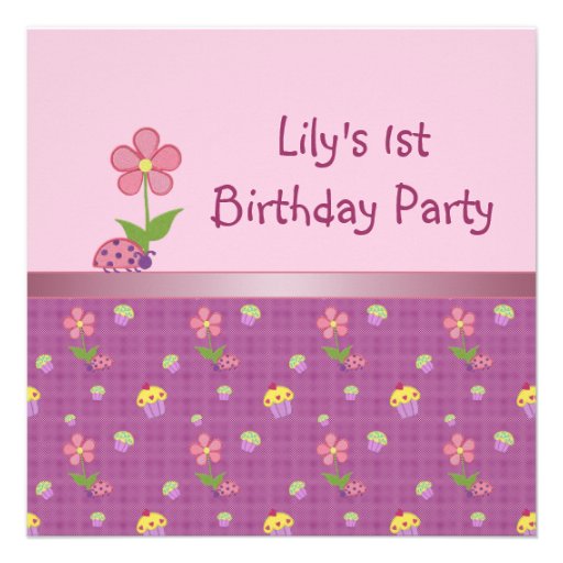 Pink Ladybug and Cupcake Birthday Party Personalized Announcement