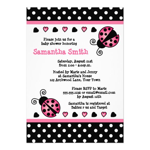 Pink Ladybug Baby Shower Black & White Polka Dots Personalized Announcement (front side)