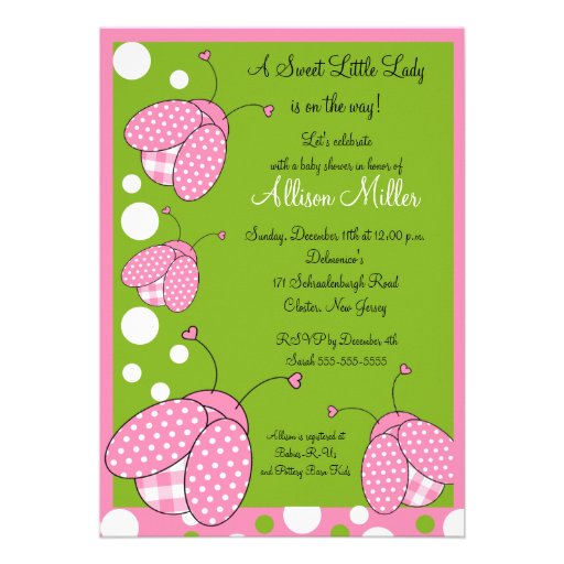 Pink Ladybug Baby Shower Personalized Announcements (front side)