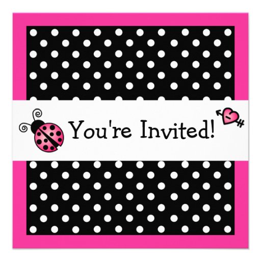 Pink Ladybug Birthday - Black and White Polka Dots Custom Invitation