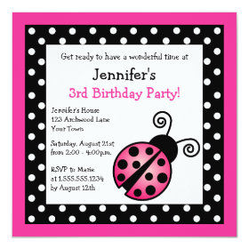 Pink Ladybug Birthday - Black and White Polka Dots Custom Invitation