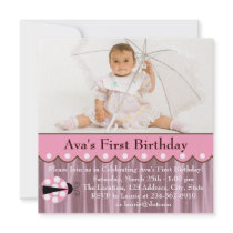 Pink Ladybug Girls Photo 1st Birthday Party Custom Invitation