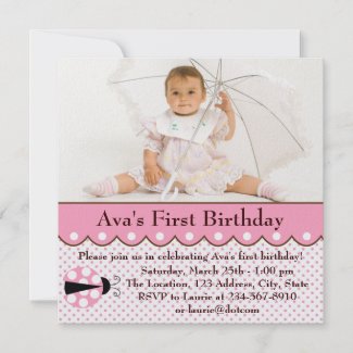 Pink Ladybug Girls Photo 1st Birthday Party Personalized Announcement