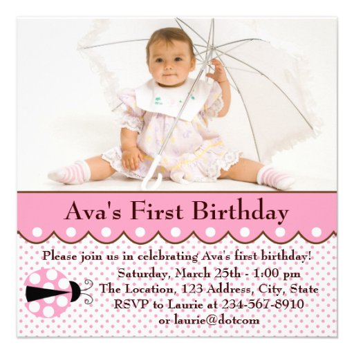 Pink Ladybug Girls Photo 1st Birthday Party Personalized Announcement (front side)