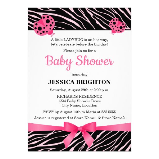 Pink Ladybug Zebra Stripes Baby Shower Invitations (front side)