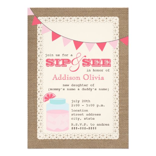 Pink Lemonade Burlap Inspired Sip & See Baby Girl Custom Invites