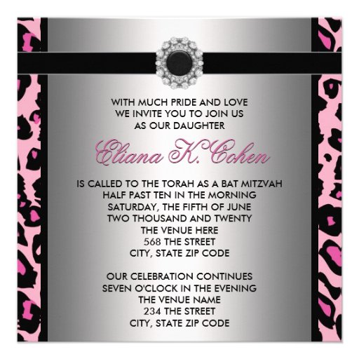 Pink Leopard Bat Mitzvah Invitations