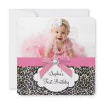 Pink Leopard Girls Photo 1st Birthday Party Custom Announcement
