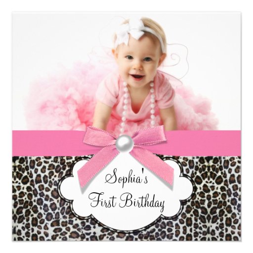 Pink Leopard Girls Photo 1st Birthday Party Custom Announcement