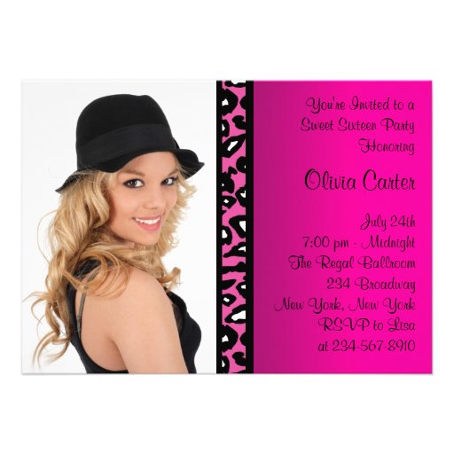 Pink Leopard Photo Sweet Sixteen Birthday Party Custom Invitations