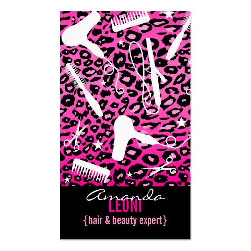 Pink Leopard Print Salon Tools (Custom) Vertical Business Card Template (front side)