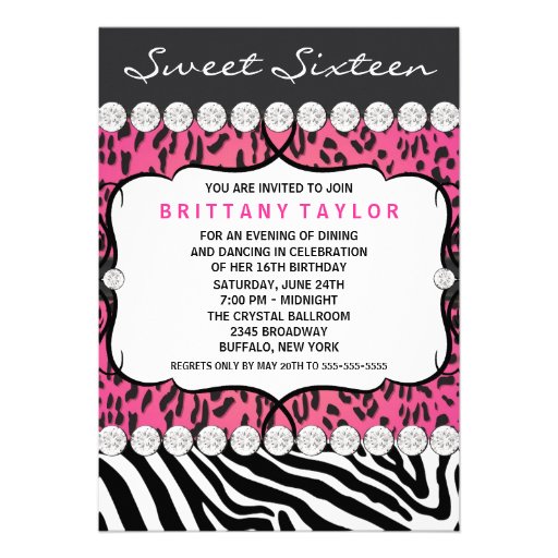 Pink Leopard Zebra Sweet 16 Party Custom Invitation